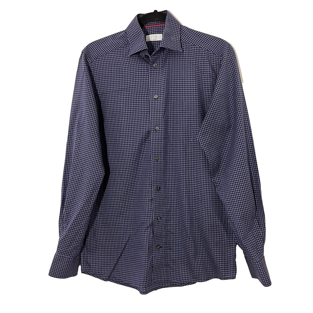 Eton Button Down Dress Shirt Mens 38 15 Blue Micro Check Contemporary Fit Luxury